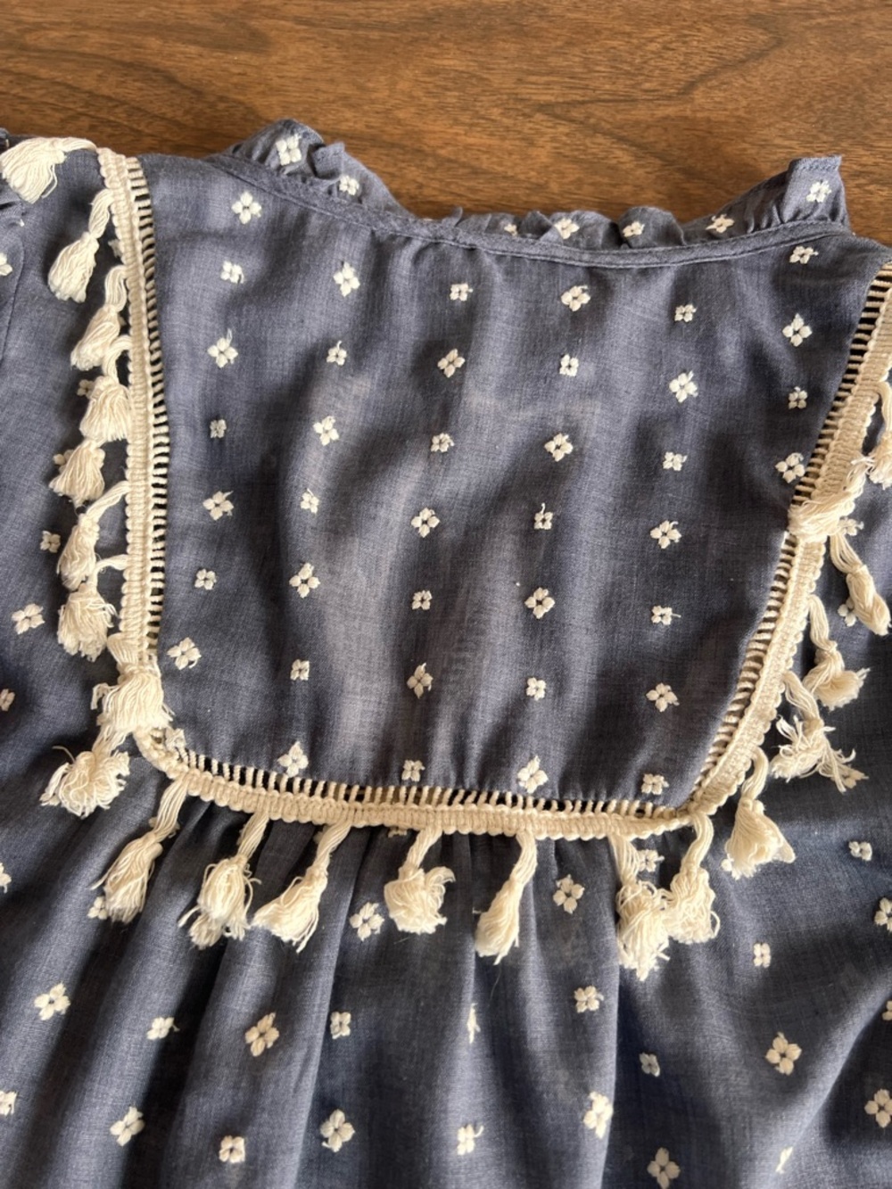 Maeve Anthropologie Boho Blouse XS Blue Embroidered Tassel Tie Top Small Flaw - Picture 5 of 10